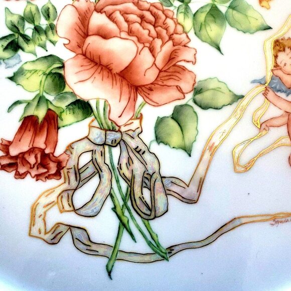 Vintage Hand Painted Porcelain Platter with Flowers and Angels 11.5 Inch Round - Picture 2 of 12